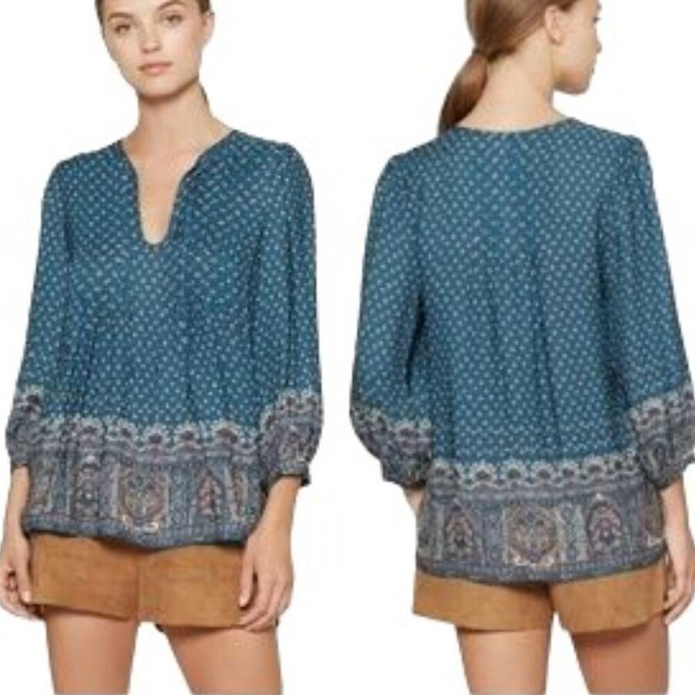 JOIE 100% Silk Rinjani Blouse in Teal Blue  Boho Peasant  SZ S